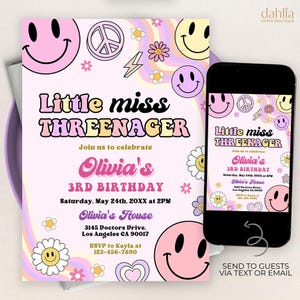 May include: A birthday invitation with a retro theme. The invitation features the text "Little miss THREENAGER" in a colorful font, along with details for Olivia's 3rd birthday. The design includes smiley faces, peace signs, and flowers.