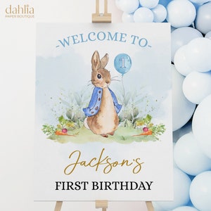 Sinal de boas-vindas do primeiro aniversário de Peter Rabbit, modelo de banner editável, coelho rústico, primeiro aniversário, festa de menino para impressão, download instantâneo, KP059