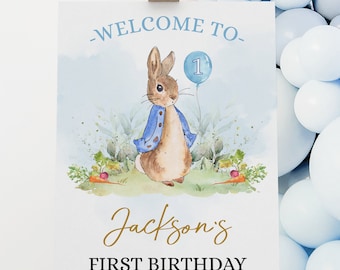 Peter Rabbit First Birthday Welcome Sign, Editable Banner Template, Rustic Bunny, 1st Birthday, Boy Party Printable, Instant Download, KP059