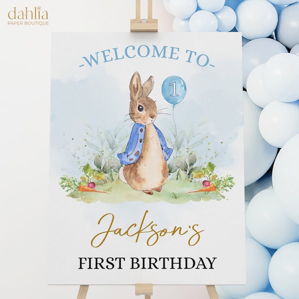 Peter Rabbit First Birthday Welcome Sign, Editable Banner Template, Rustic Bunny, 1st Birthday, Boy Party Printable, Instant Download, KP059