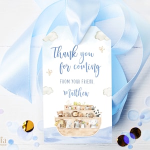 Étiquette de remerciement arche de Noé, modèle de faveur de fête animaux Boho modifiable, histoire de la Bible, arche de Noé 1er anniversaire KP117, Blue Sea Baby Shower BS143