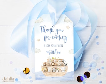 May include: Blue and white thank you tag with a watercolor illustration of Noah's Ark with animals. The text reads "Thank you for coming from your friend, Matthew".