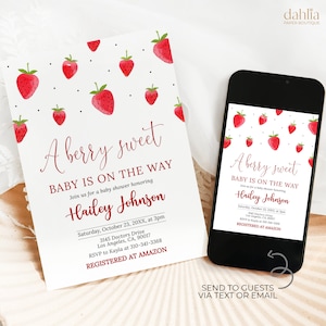 Editable Strawberry Baby Shower Invitation, Red Strawberry Baby Shower Invite, Berry Sweet Baby Shower Invitation Template, Corjl, BS242