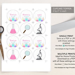 May include: Printable cupcake toppers featuring a science theme. The toppers include beakers, a magnifying glass, a microscope, and text that says "Thank you for coming", "Madeline's 8th Birthday", and "Custom Text Here".