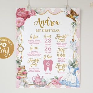 Cartel del hito del primer cumpleaños de Alicia en el País de las Maravillas, plantilla de signo de 1er cumpleaños EDITABLE imprimible, fiesta de té caprichosa, Onederland, KP191