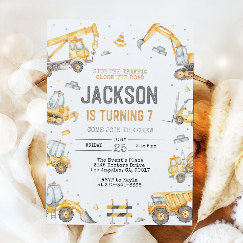 Modern Construction Birthday Invitation, EDITABLE Dump Trucks Party Invite Template, Boy Outdoor Birthday, Excavator, Instant Download KP189 image 9