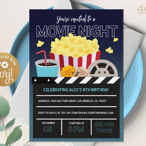 Editable Movie Night Birthday Invitation Template, Movie Party Invite, Movie Under The Stars, Movie Sleepover Party, Instant Download K015