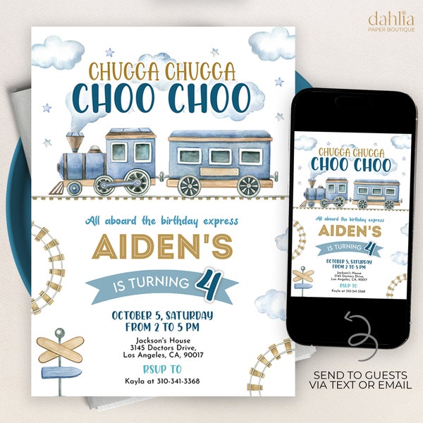 Toy Train Birthday Invitation, EDITABLE Blue Express Party Invite Template, Boy Birthday, Chugga Chugga Choo Choo, Kid Transportation, KP259