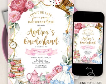 Alice in Wonderland Invitation, EDITABLE Whimsical Mad Tea Party Invite, Onederland Girl, Modern 1st Birthday Pastel Pink Template, KP191