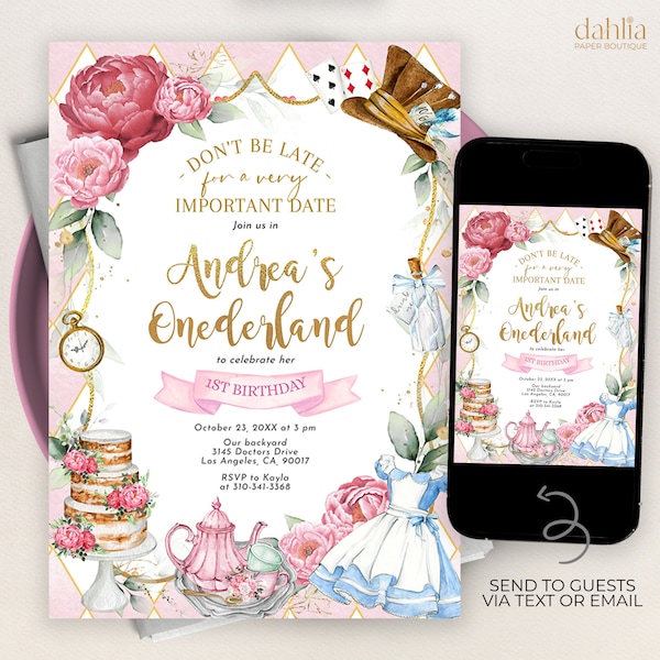 Alice in Wonderland Invitation, EDITABLE Whimsical Mad Tea Party Invite, Onederland Girl, Modern 1st Birthday Pastel Pink Template, KP191