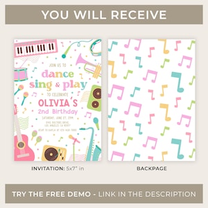 May include: A printable invitation for a 2nd birthday party with a music theme. The invitation features a colourful design with musical instruments, notes, and confetti. The text on the invitation reads "Join us to dance sing & play to celebrate Olivia's 2nd Birthday". The back of the invitation features a pattern of colourful musical notes.
