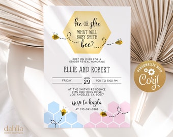 What Will Baby Bee Gender Reveal Invitation, Honeycomb Party Invite Template, Spring Baby Sprinkle Bumble Bee, He Or She, Boy Or Girl, GR012