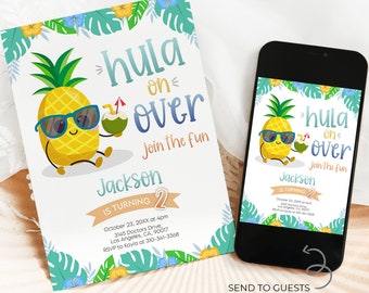 May include: A digital invitation for a 2nd birthday party with a tropical theme. The invitation features a cartoon pineapple wearing sunglasses and holding a coconut drink. The text on the invitation reads "Hula on Over, Join the Fun, Jackson is turning 2".
