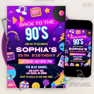 Invito a una festa anni '90, Invito di compleanno retrò modificabile, Modello bagliore per feste al neon per adulti, Ritorno alla festa da ballo in discoteca degli anni '90, Download istantaneo KP305