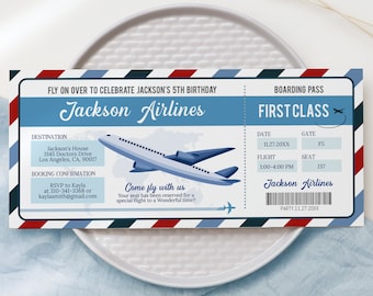 Plane Birthday Ticket Invitation, Airplane Ticket Invite, Blue Boy 1st Boarding Pass, Digital Editable Printable, Instant Download, KP254