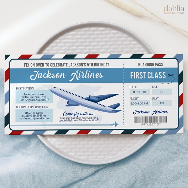 Plane Birthday Ticket Invitation, Airplane Ticket Invite, Blue Boy 1st Boarding Pass, Digital Editable Printable, Instant Download, KP254