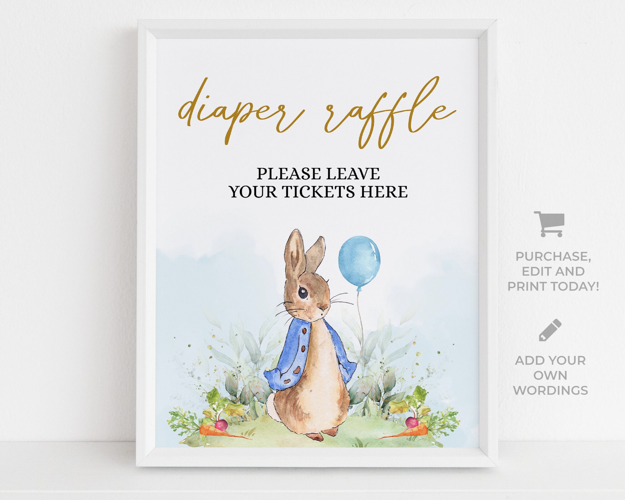 Peta Leaping Rabbit Raffle EDITABLE Peter Rabbit Baby Shower Diaper Raffle Sign and Card, Rustic ...