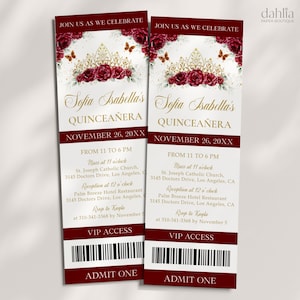 Burgunder-Gold Quinceaña Tiara Ticket-Einladung, EDITIERBARE Rote Rose Schmetterling-Vorlage, Mis Quince Anos, Floral 15. Geburtstag einladen, Q028