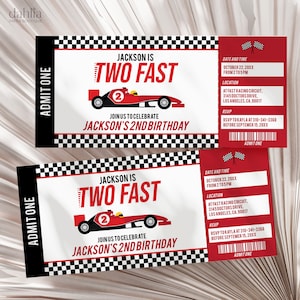 Rennen 2. Geburtstag Ticket Einladung, rote Rennauto Ticket Kid einladen Vorlage, zwei schnell, digital bearbeitbar druckbar, sofortiger Download, KP055
