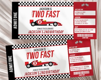 Racing 2nd Birthday Ticket Invitation, Red Racecar Ticket Kid Invite Template, Two Fast, Digital Editable Printable, Instant Download, KP055