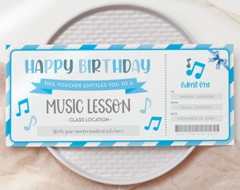 Music Lessons Gift Certificate, Editable Birthday Surprise Template, Custom Instrumental Lessons Gift Coupon, Printable Vouchers For Him