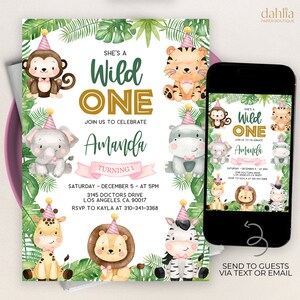 MODIFICABILE Invito di compleanno di animali Safari, Lei è un invito selvaggio, Modello ragazza della giungla, Primo compleanno dello zoo rosa, Download istantaneo, KP084
