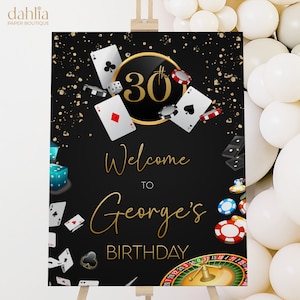 Panneau de bienvenue MODIFIABLE pour anniversaire de casino, bannière de soirée poker 21, 30, 40, 50, soirée casino, affiche de retraite de casino, jeux de cartes, AP006