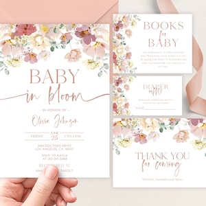 Baby in bloei baby shower uitnodiging set, BEWERKBARE lente Wildflower Brunch Pack, bloemen roze baby strooi bundel, Instant Download, BS173