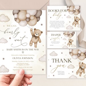 Conjunto de convites para chá de bebê Teddy Bear, balão marrom EDITÁVEL nuvem para bebês, pacote de festa de bebê neutro Boho, podemos esperar, BS194