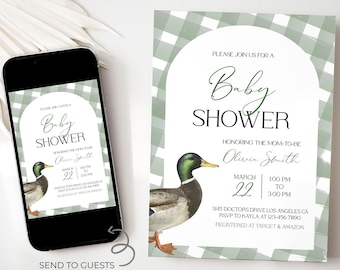 May include: A baby shower invitation featuring a green and white gingham pattern. The invitation includes the text "Baby Shower" and details such as the date, time, and location. A watercolor illustration of a duck is also included.