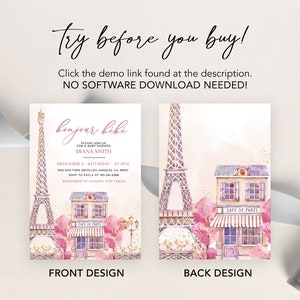 Puede incluir: Una ilustraci&oacute;n acuarela rosa y morada de la Torre Eiffel y una cafeter&iacute;a parisina con el texto "bonjour bibi" y "Cafe de Paris". Esta es una invitaci&oacute;n de baby shower imprimible.