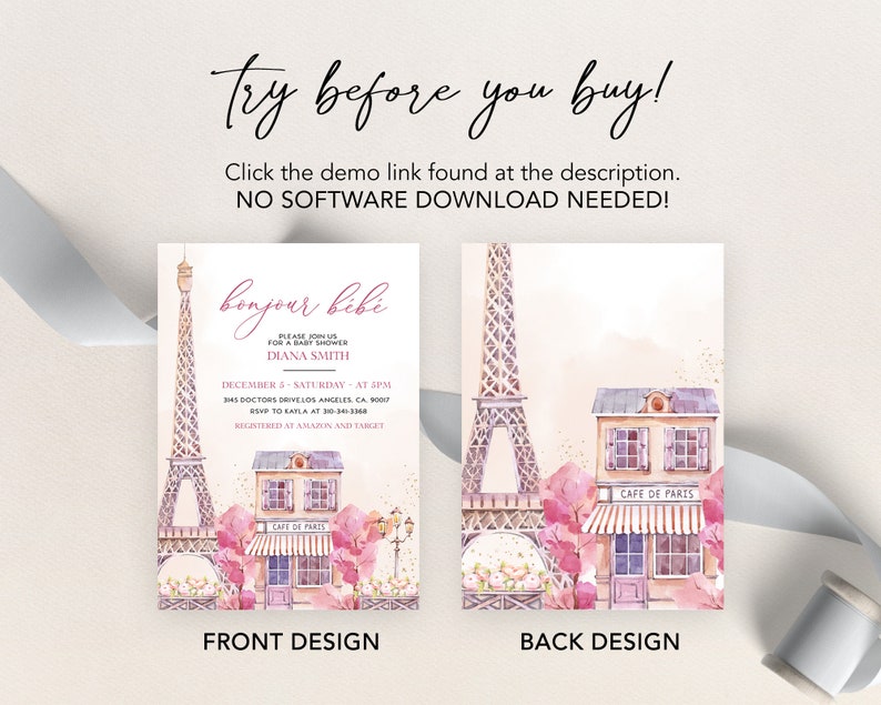 Puede incluir: Una ilustraci&oacute;n acuarela rosa y morada de la Torre Eiffel y una cafeter&iacute;a parisina con el texto "bonjour bibi" y "Cafe de Paris". Esta es una invitaci&oacute;n de baby shower imprimible.