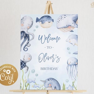 Under The Sea Birthday Welcome Sign, Editable Ocean Animals Party Banner Template, Nautical Kids Birthday, Whales, Instant Download KP095