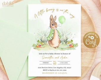 EDITABLE Peter Rabbit Baby Shower Invitation, Rustic Bunny Watercolor Invite, Green Balloon Boy Party, Spring Garden, Instant Download BS133