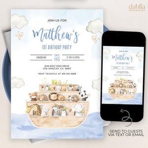 Noah's Ark First Birthday Invitation, Editable Boho Animals Party Template, Bible Story, Noah's Ark Blue Boy Invite, Instant Download KP117