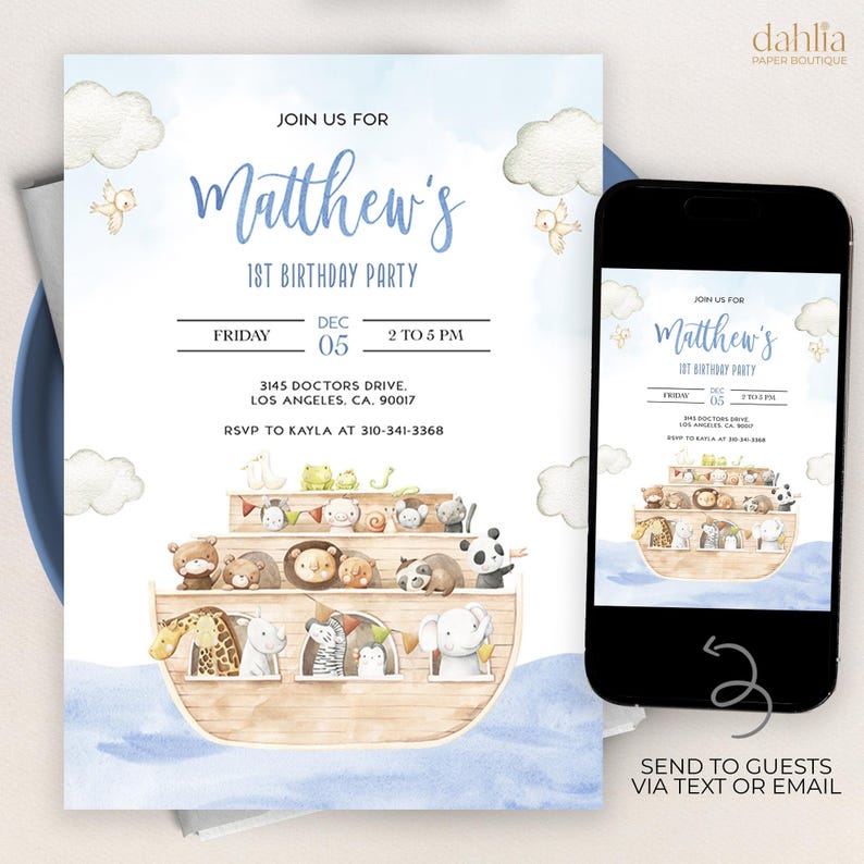 Einladung zum ersten Geburtstag mit Noahs Arche, bearbeitbare Boho-Tierparty-Vorlage, Bibelgeschichte, blaue Einladung für Jungen mit Noahs Arche, Sofort-Download KP117 Bild 1