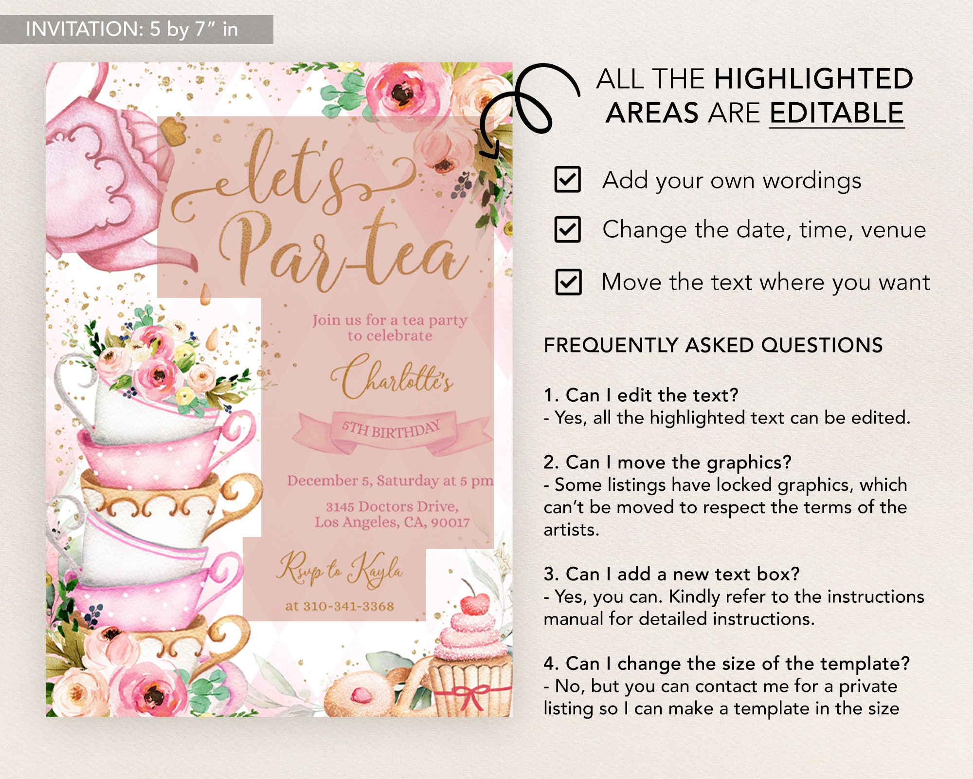 Invitations Birthday Party Invite Any Age Rainbow Gold Tea Party