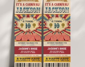 Op de afbeelding: Een vintage-stijl carnaval ticket uitnodiging voor een 10e verjaardagsfeest. Het ticket is rood, wit en blauw met een circus tent ontwerp en de tekst "Het is een carnaval! Jackson wordt 10 jaar".
