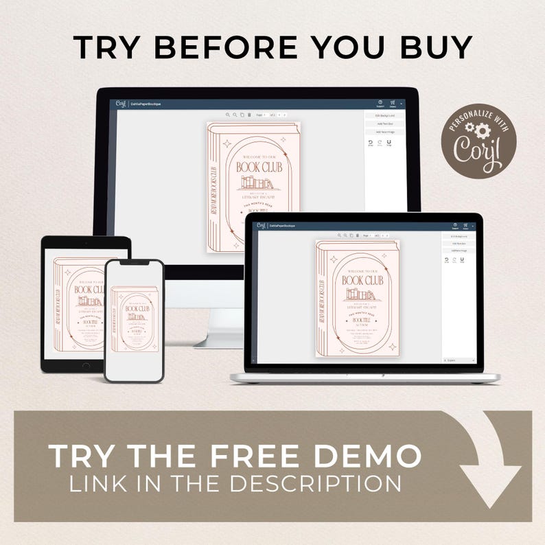 May include: A digital mockup showcasing a book club design on various devices: a desktop computer, laptop, tablet, and smartphone. The design features a book illustration with the text "BOOK CLUB". The phrase "TRY BEFORE YOU BUY" is at the top.