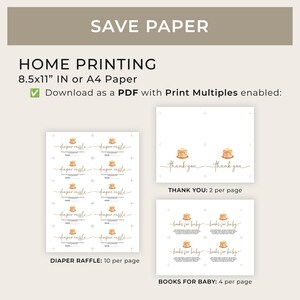 May include: Printable PDF templates for a baby shower. The templates include a diaper raffle, thank you cards, and books for baby cards. The cards feature a cute illustration of a stack of pancakes.