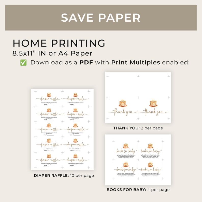 May include: Printable PDF templates for a baby shower. The templates include a diaper raffle, thank you cards, and books for baby cards. The cards feature a cute illustration of a stack of pancakes.