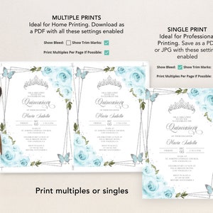 May include: A printable Quincea&ntilde;era invitation with a blue and silver design. The invitation features a crown, butterflies, and roses. The text on the invitation reads "Quincea&ntilde;era of Maria Isabella".