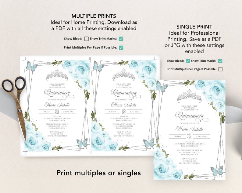 May include: A printable Quincea&ntilde;era invitation with a blue and silver design. The invitation features a crown, butterflies, and roses. The text on the invitation reads "Quincea&ntilde;era of Maria Isabella".