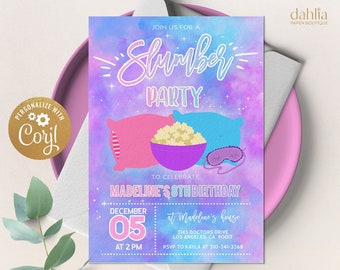Pode incluir: Um fundo de aquarela roxo, rosa e azul com estrelas. O texto "Join us for a Slumber Party" é escrito em uma fonte caprichosa. O texto "To Celebrate Madeline's 8th Birthday" é escrito em negrito. A data "December 05" é escrita em uma fonte grande. A hora "At 2 PM" é escrita em uma fonte menor. O texto "at Madeline's house" é escrito em uma fonte menor. O endereço "3145 Doctors Drive Los Angeles, CA 90017" é escrito em uma fonte menor. As informações de RSVP "RSVP to Kayla at 310-341-3368" são escritas em uma fonte menor.