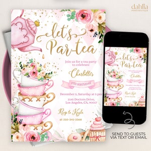 BEWERKBARE Tea Party verjaardagsuitnodiging, roze en gouden Par-tea uitnodigen sjabloon, grillige Tea Party, High Tea Floral, Instant Download KP056