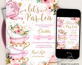 EDITABLE Tea Party Birthday Invitation, Pink and Gold Par-tea Invite Template, Whimsical Tea Party, High Tea Floral, Instant Download KP056