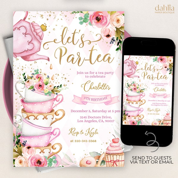 EDITABLE Tea Party Birthday Invitation, Pink and Gold Par-tea Invite Template, Whimsical Tea Party, High Tea Floral, Instant Download KP056