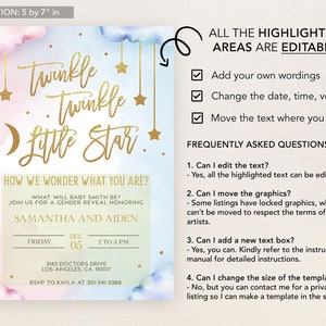 Twinkle Twinkle Little Star Gender Reveal Invitation, Gold Moon and Stars Gender Reveal Party Invite Template, He Or She, Boy Or Girl, GR008 image 2