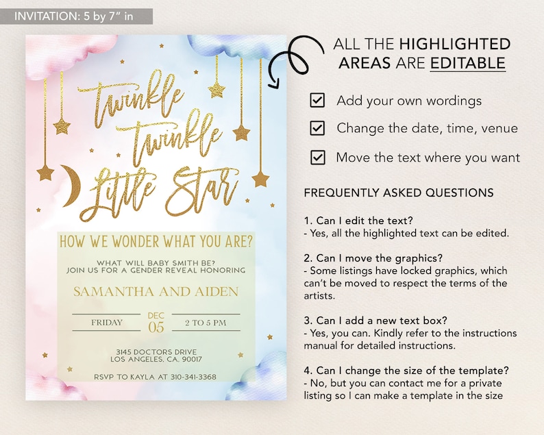 Twinkle Twinkle Little Star Gender Reveal Invitation, Gold Moon and Stars Gender Reveal Party Invite Template, He Or She, Boy Or Girl, GR008 image 2