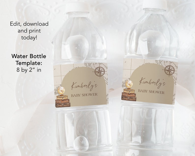 May include: Two clear plastic water bottles with brown paper labels. The labels have a map design with a compass and a globe. The text on the labels reads "Kimberly's Baby Shower".